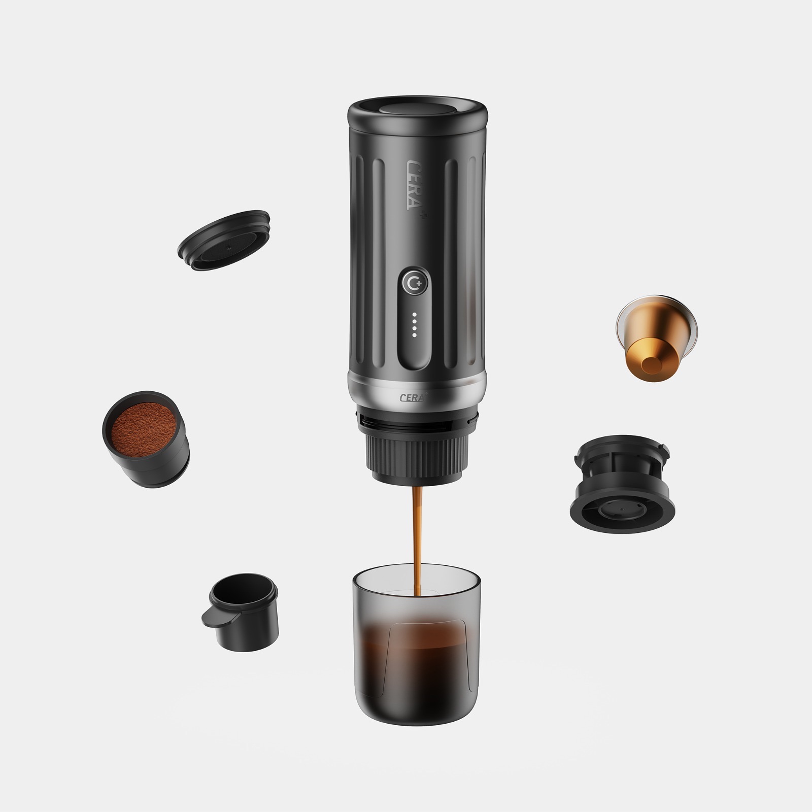 Black CERA+ portable coffee machine with accessories